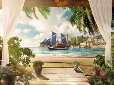 Fototapete Schiff mit blauen Segeln