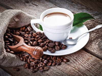 Fototapete Tasse Kaffee und Bohnen