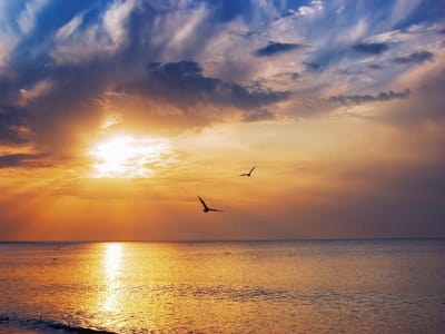 Fototapete Strahlender Sonnenuntergang am Meer