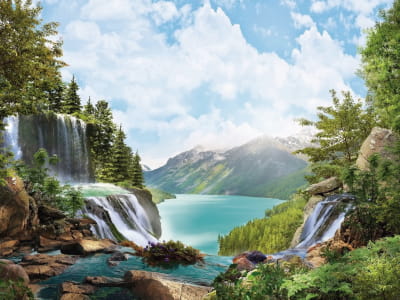 Fototapete Wasserfall und Berge