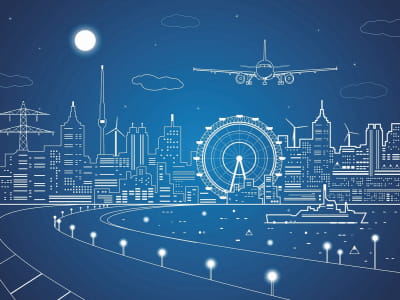 Fototapete Flugzeug über der nächtlichen Stadt