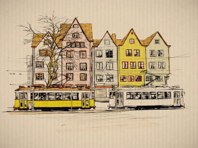 Fototapete Straßenbahnzeichnung