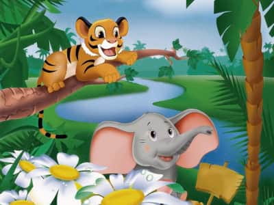 Fototapete Tigerjunges und Elefantenkalb