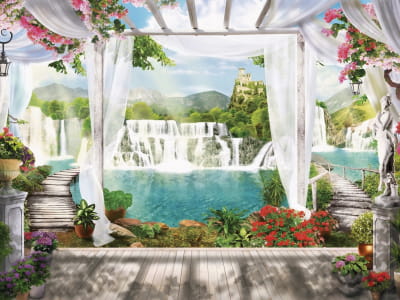 Fototapete Sommerterrasse mit Wasserfall