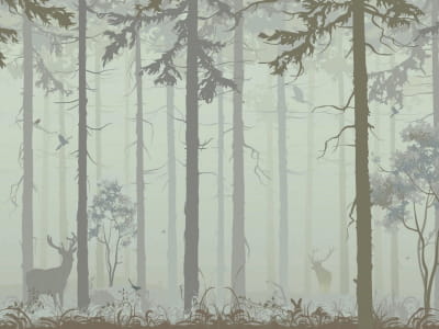 Fototapete Hirsche im nebligen Wald