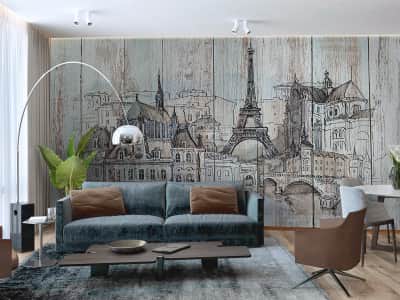 Fototapete Paris, Zeichnung auf Holz
