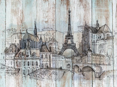 Fototapete Paris, Zeichnung auf Holz