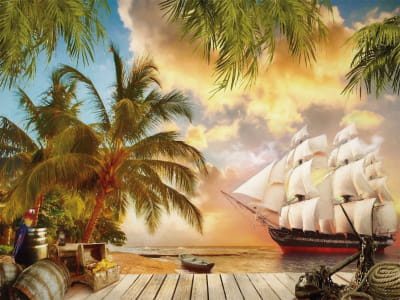Fototapete Schiff in der Nähe der Insel
