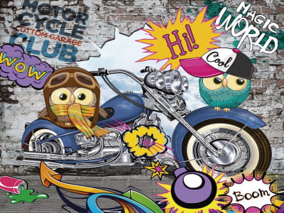 Fototapete Eulen auf einem Motorrad