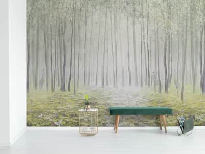 Fototapete Frühlingswald im Nebel