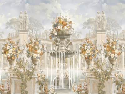 Fototapete Brunnen und Blumen