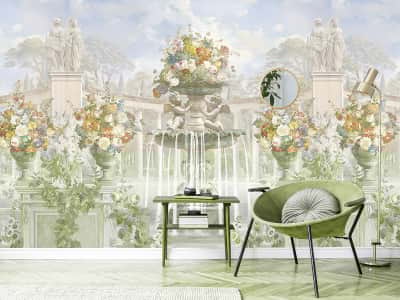Fototapete Üppige Blumen und Brunnen