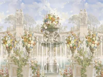 Fototapete Üppige Blumen und Brunnen
