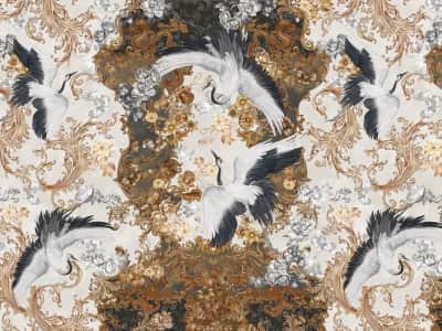 Fototapete Muster in Gold und Kranichen