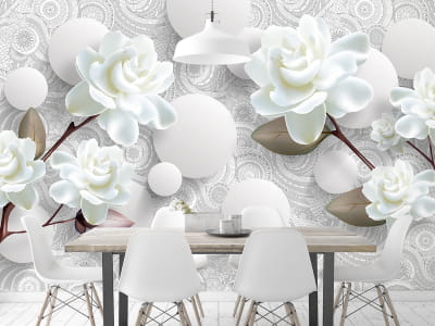 Fototapete Weiße Blumen und Kugeln