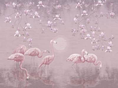 Fototapete Flamingo am See bei Sonnenuntergang