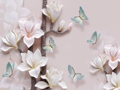 Fototapete Magnolien und Schmetterlinge 3D