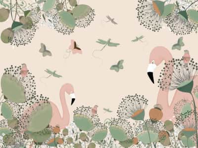 Fototapete Flamingo und Blumen