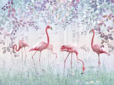 Fototapete Flamingo im Frühlingsgarten