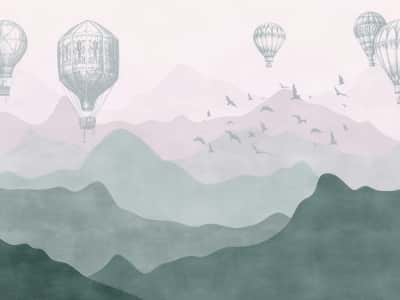 Fototapete Luftballons und grüne Berge