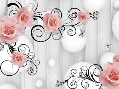 Fototapete Rosa Blumen und Kugeln