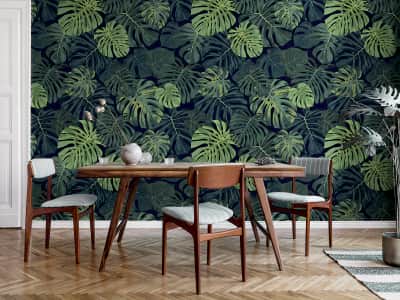 Fototapete Monstera-Blätter auf dunklem Hintergrund