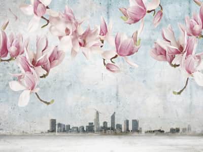 Fototapete Magnolien über der Stadt
