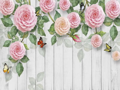 Fototapete Üppige Blumen und Schmetterlinge