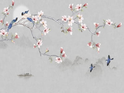 Fototapete Rosa Magnolie und Vögel