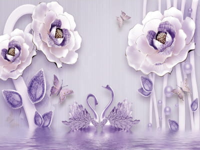 Fototapete Lila Blumen mit Schwänen 3D