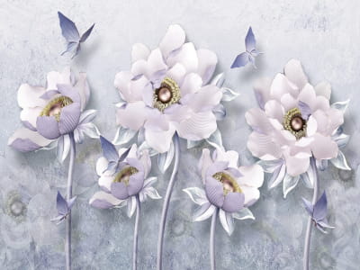 Fototapete Lila Blumen und Schmetterlinge