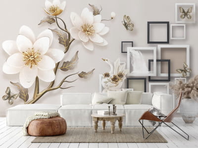 Fototapete Blumen und Quadrate 3D