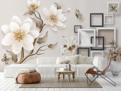 Fototapete Blumen und Quadrate 3D