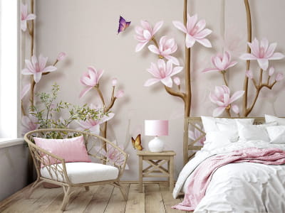Fototapete Magnolien und Schmetterlinge