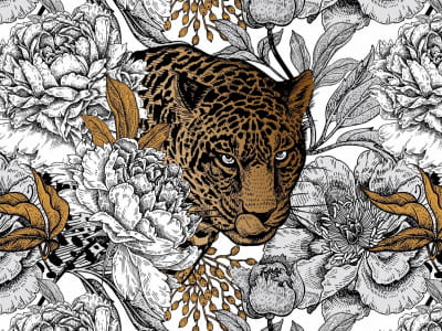 Fototapete Goldener Jaguar in Blumen
