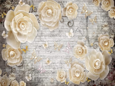 Fototapete Schmetterlinge auf cremefarbenen Rosen