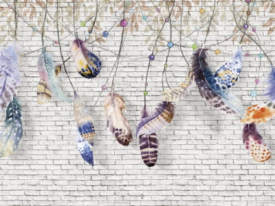Fototapete Bunte Federn an der Wand