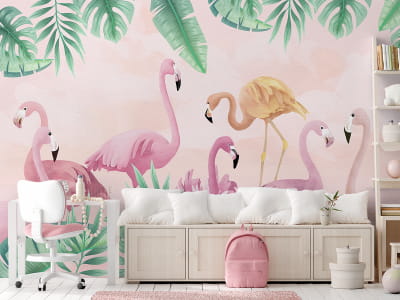 Fototapete Flamingo mit Blättern, Zeichnung