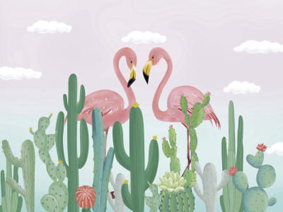 Fototapete Flamingos in Kakteen