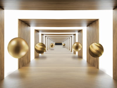 Fototapete Goldene Kugeln in einem 3D-Tunnel