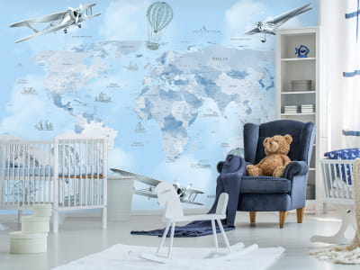 Fototapete Blaue Weltkarte mit Flugzeugen