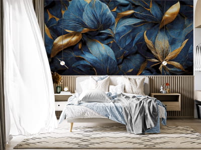 Fototapete Große blaue Blüten mit Gold