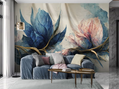 Fototapete Blaue und rosa Blumen auf beigem Hintergrund