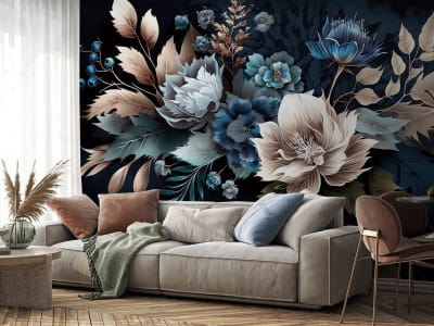 Fototapete Blaue Blumen auf schwarzem Hintergrund