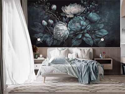 Fototapete Helle Blumen auf schwarzem Hintergrund