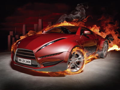 Fototapete Roter Sportwagen in Flammen