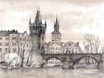 Fototapete Zeichnung der Brücke in Prag