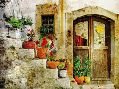 Fototapete Altes Haus mit Blumen