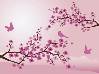 Fototapete Rosa Vögel und Sakura