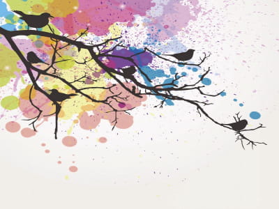 Fototapete Vögel auf einem Ast-Aquarell